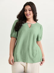 Shirred Puff Sleeve Keyhole Neckline Blouse