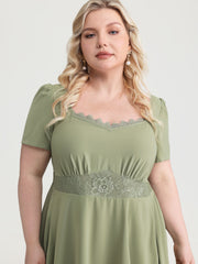 Satin Lace Neckline Cinched Waist Midi Dress