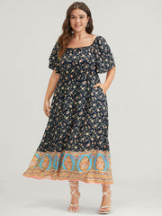 Floral Pocket Ruffles Square Neck Midi Dress