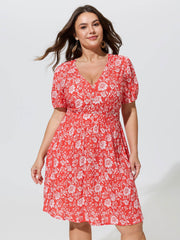 Floral Print Puffy Sleeve Flowy Mini Dress