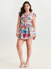 Bright Floral Print Waist-Defining Romper