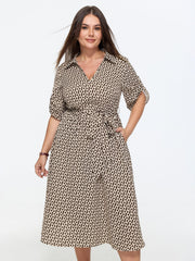 Geometric Print Collared Knit Midi Dress