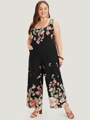 Floral Square Neck Zip Back Pocket Jumpsuit