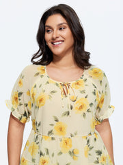 Floral Print Neck Cut-Out Blouse