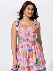Supersoft Tropical Vacation Print Shirred Midi Dress