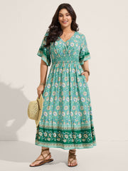 Floral Bell Sleeve Shirred Waist Maxi Dress