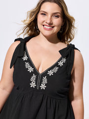 Cotton Floral Embroidered Neckline Shoulder-Tie Tank Top