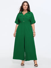 Button Placket Pockets Wide-Leg Jumpsuit