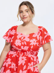 Floral Print Shirred Flared Sleeve Midi Dress