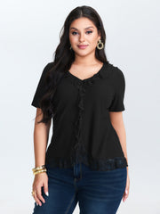 Ruffled Lace Textured Curvy Hem Jersey Top