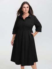 Pleated Placket Flowy Solid Color Midi Dress