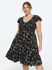 Floral Print V-Neck Ruffled Sleeve Mini Dress