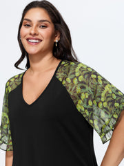 Sheer Floral Print Ruffled Cuff Sleeve Top