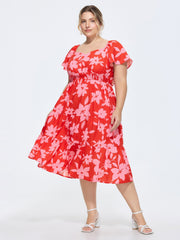 Floral Print Shirred Flared Sleeve Midi Dress
