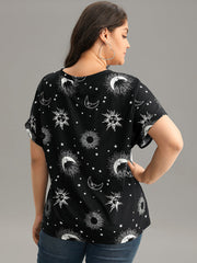 Horoscope Print V Neck Cuffed Dolman Sleeve T-shirt