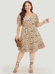 Leopard Print Puff Sleeve Pocket Wrap Ruffle Trim Dress