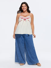 Floral Embroidered Neckline Babydoll Top