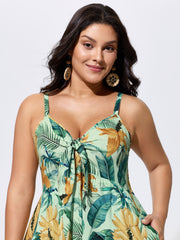 Tropical Print Shirred Knotted Front Maxi Dress