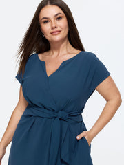 Split Neckline Side Waist-Tie Midi Dress