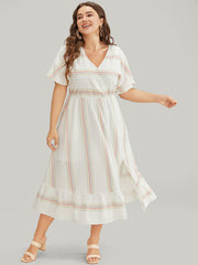 Striped Contrast Flutter Hem Dolman Sleeve Pocket Split Wrap Dress