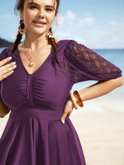 Crochet Lace Mesh Texture Ruched Swim Dress