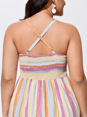 Colorful Striped Print Shirred Pockets Maxi Dress