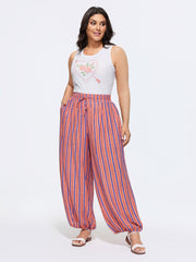 Striped Print Cuffed Hem Drawstring Pants