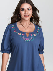 Colorful Floral Embroidered Neckline T-Shirt