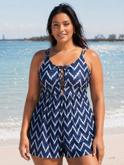 Geometric Striped Print Cut-Out Swim Romper