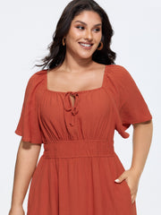 Tropical Laser Cut Hem Drawstring Midi Dress