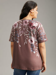 Floral Print Notched Button Up T-shirt