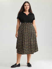 Geometric Print Collar Contrast Midi Dress