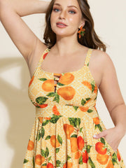 Orange Print Pockets Cut-Out Swim Dress