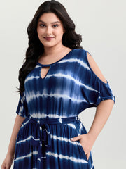 Color Gradient Waist-Tie Keyhole Neckline Mini Dress