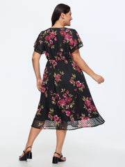 Romantic Floral Print Layered Sleeve Midi Dress