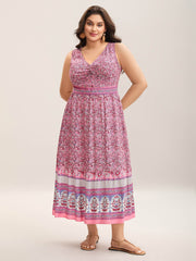 Rayon Floral Print Stretchy Waist Midi Dress