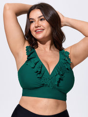 Laser Cut Floral Ruffled Neckline Swim Top