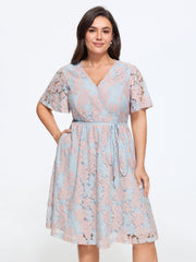 Crochet Lace Mesh Waist-Tie Midi Dress