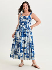 Nautical Print Shirred Tiered Adjustable Straps Midi Dress