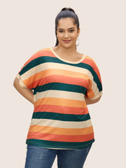 Colored Striped Crew Neck Batwing Sleeve T-shirt