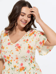 Stretchy Floral Print V-Neck Knit Top