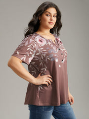 Floral Print Notched Button Up T-shirt