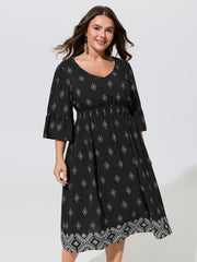 Geometric Print Flare Sleeve Shirred Waist Midi Dress