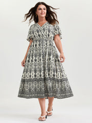 Boho Print Toothpick Pleat Slit Midi Dress