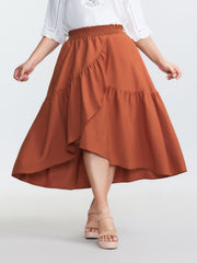 Shirred Waist Ruffled High Low Hem Midi Skirt