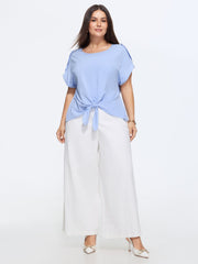 Shoulder Button Detail Knotted Front Plain Blouse