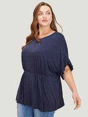 Plain Gathered Batwing Sleeve Ruffle T-shirt
