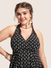 Overlap Collar Boho Print Patchwork Swim Dress