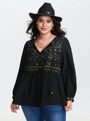 Sequin Embroidery Tassel Tie Blouse