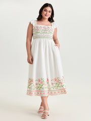 Floral Print Shirred Bodice Midi Dress